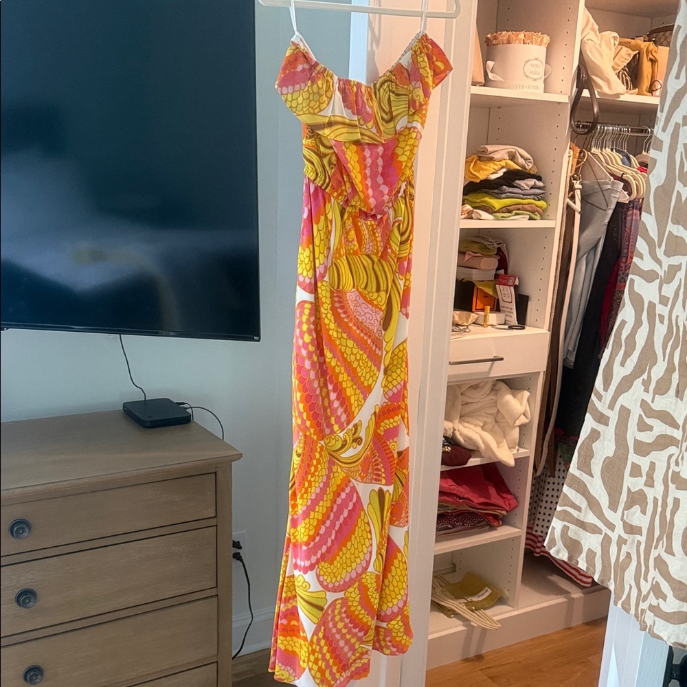 Strapless Pink & Yellow Printed Maxi Dress